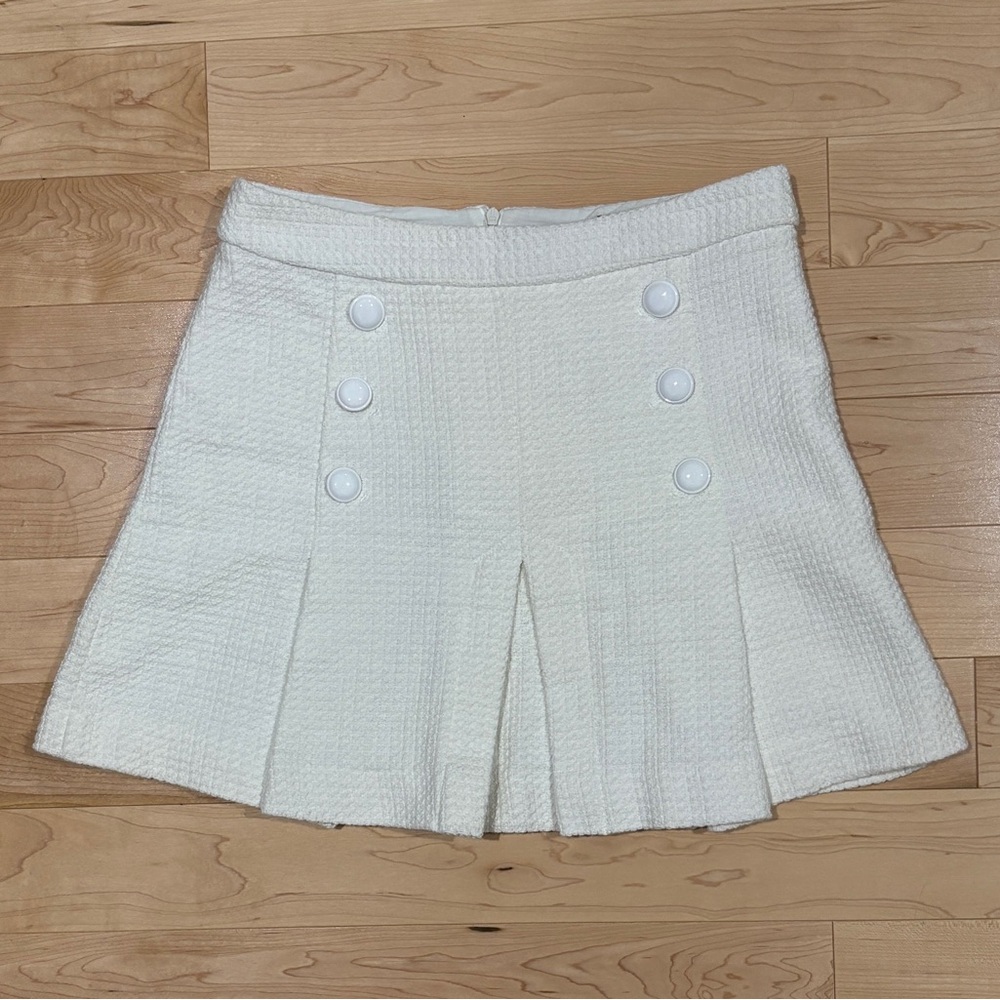 Zara White Tweed Pleated Double Button Lined Mini Skirt